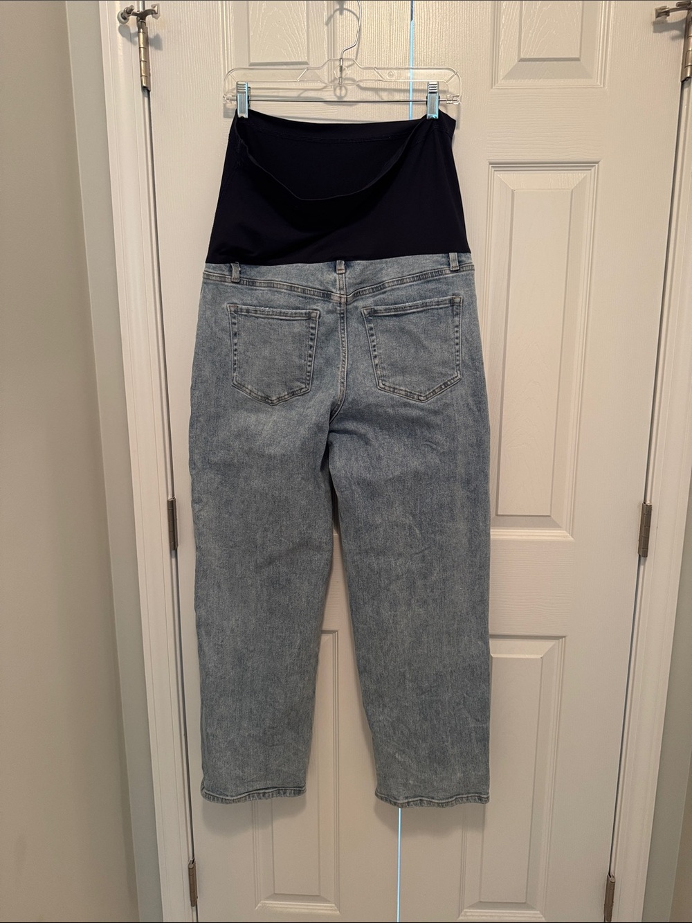 PinkBlush Light Blue Boyfriend Maternity Jeans with Black Overbump Panel - Picture 2 of 2